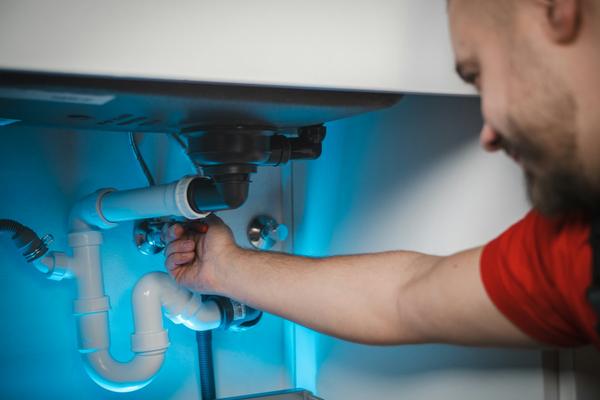 A plumber fitting a drain pipe under a sink
